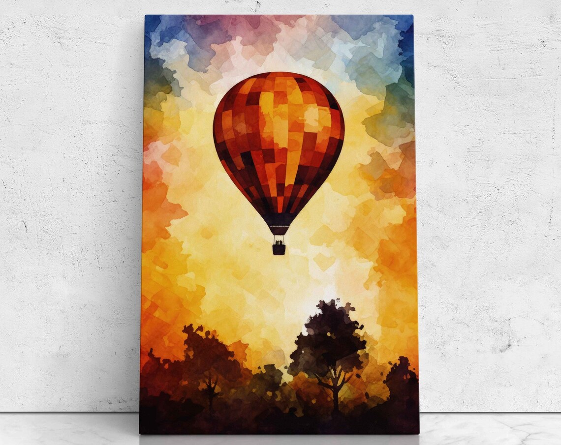 Hot Air Balloon Watercolor Sunset Sky Tree Silhouette Art Poster