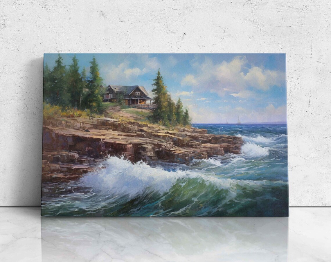 Grand Marais Minnesota Rocky Shoreline Crashing Waves Cabin Oil Painting Poster