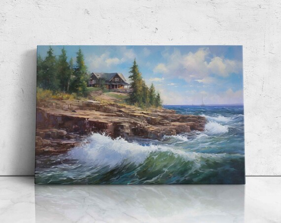 Grand Marais Minnesota Rocky Shoreline Crashing Waves Cabin Oil Painting Poster