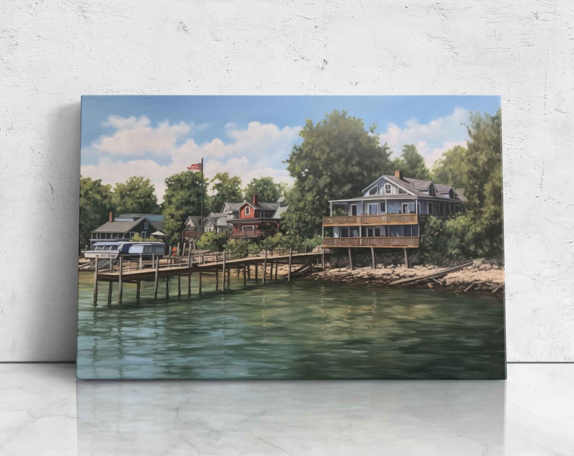 Put In Bay Ohio Lakefront Cottages Wooden Dock Boathouse Painting Poster