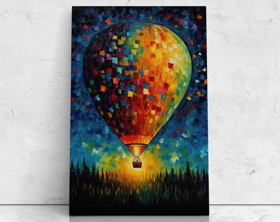 Hot Air Balloon Flying Over Forest Colorful Palette Knife Oil Painting Print On Ready To Hang Living Room Decor