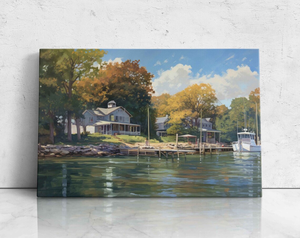 Pentwater Michigan Lake Dock Boats And Cottages Autumn Painting Poster