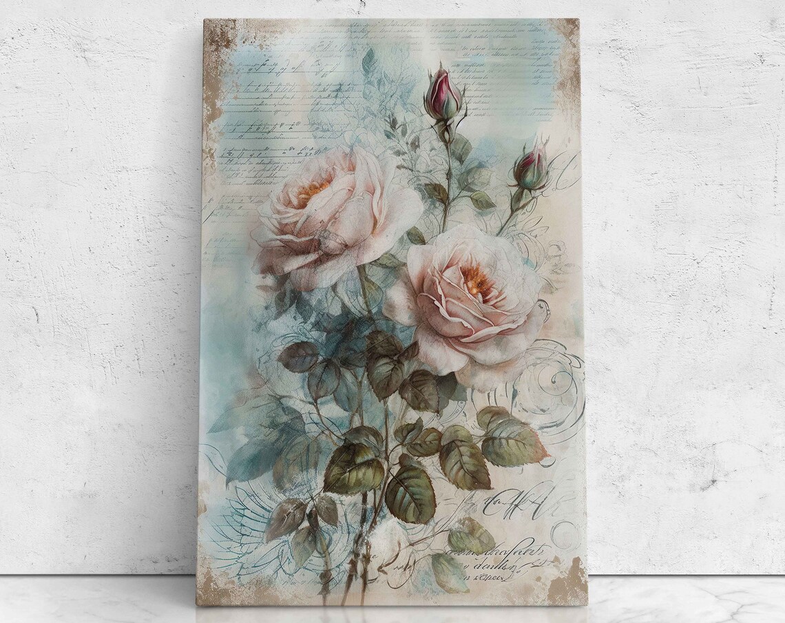 Blush Roses On Vintage Journal Page French Script Floral Art Poster