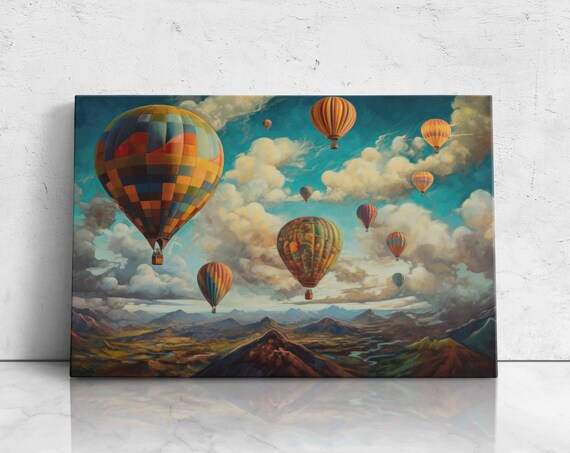Hot Air Balloons Over Mountains Oil Painting Beautiful Clouds Background Print On Ready To Hang