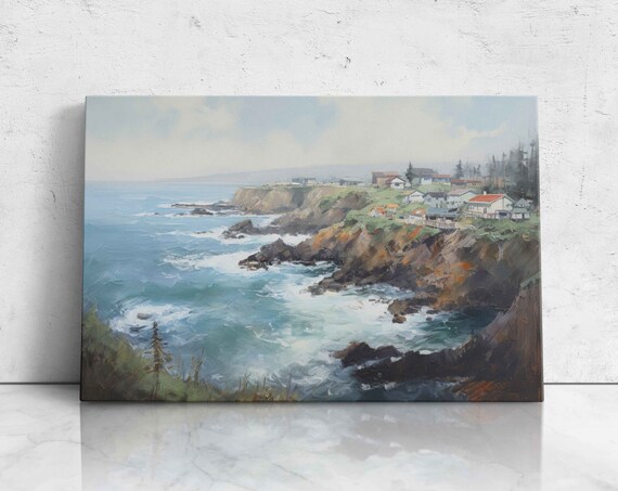 Depoe Bay Oregon Rocky Cliffs Coastal Town Seaside Headland Oil Painting Poster