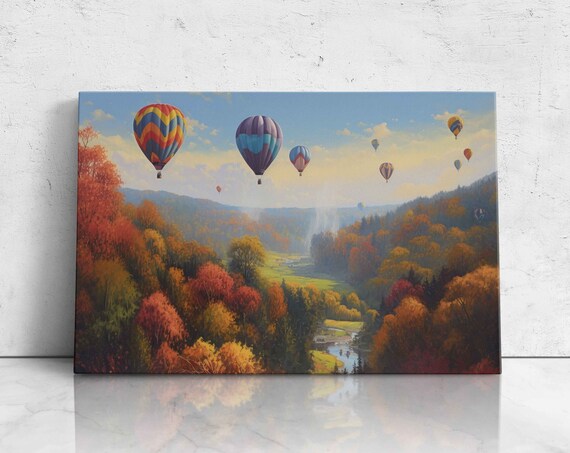 Hot Air Ballons Over Forest Oil Painting Air Ballon Festival Colorful Forest In Fall Print On Ready To Hang