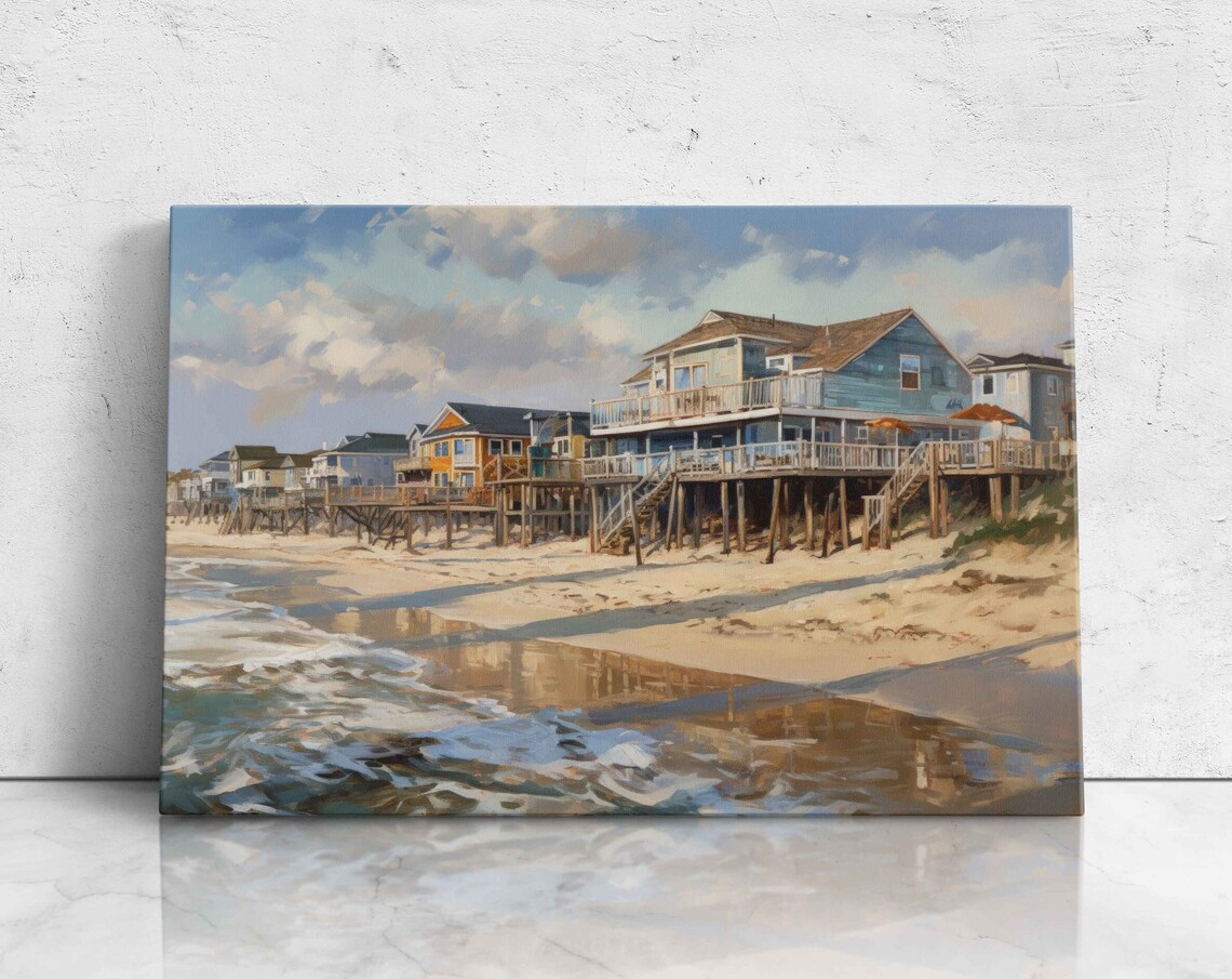 Rehoboth Beach Delaware Oceanfront Cottages Stilt Houses Sand Painting Poster