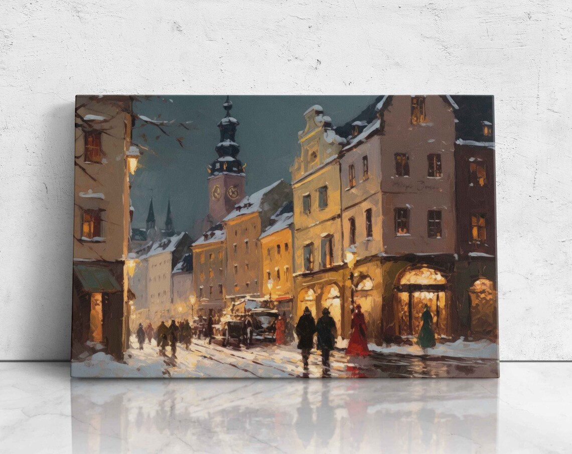 Bavaria Germany Snowy Downtown Shops At Night With Clock Tower Poster