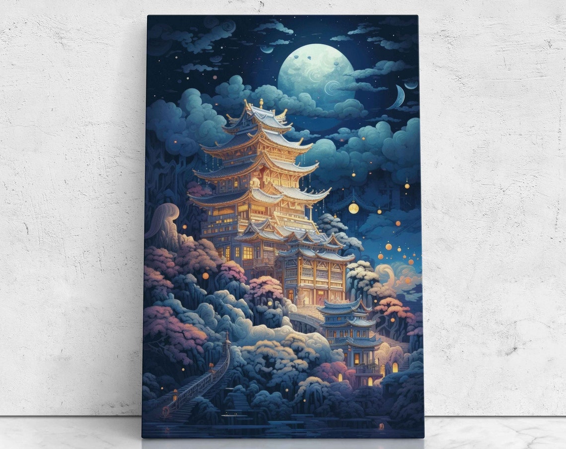 Chinese Pagoda Temple Under Full Moon Night Sky Lanterns Art Poster