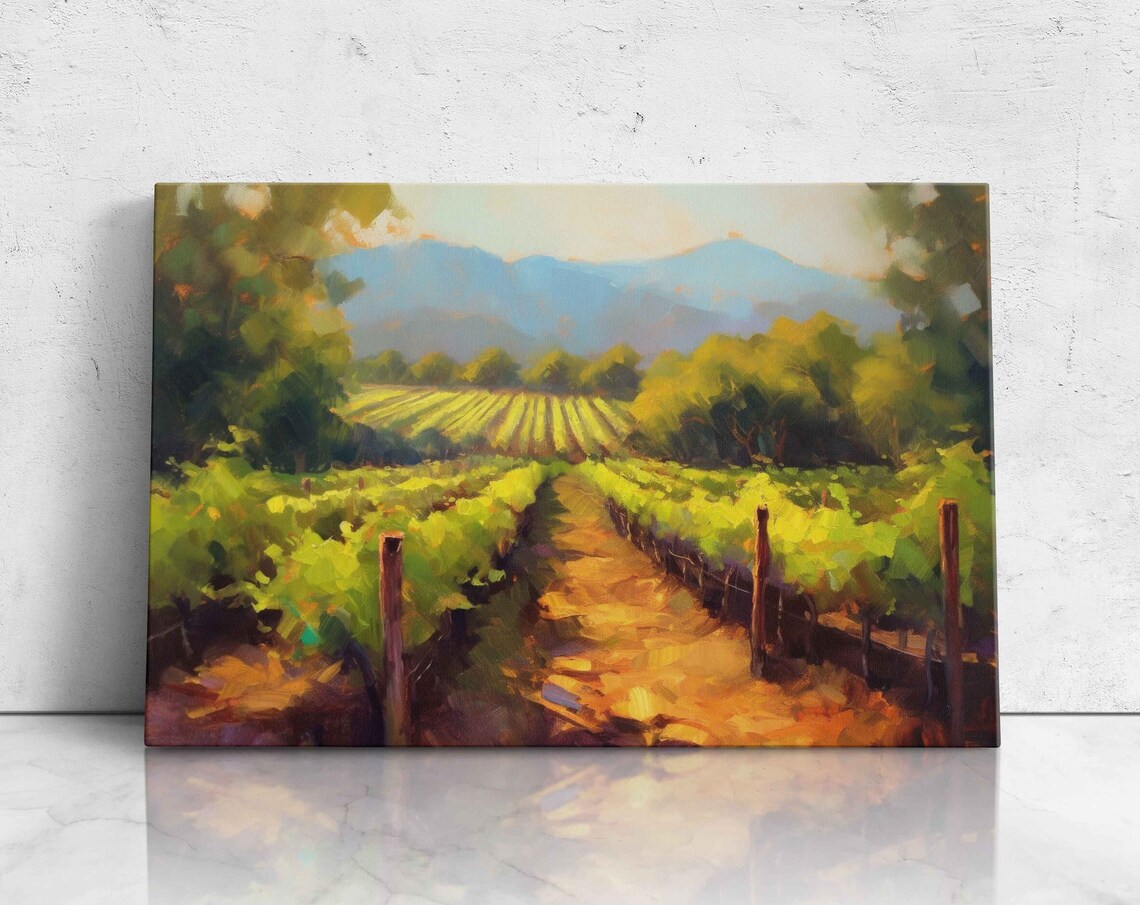 Golden Vineyard Rows Rolling Hills Sunset Landscape Painting Poster