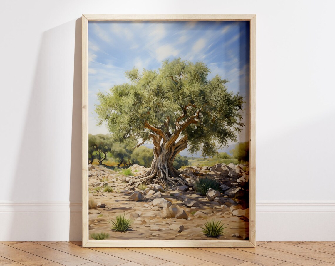 Ancient Olive Tree Rocky Landscape Vintage Oil Painting Poster