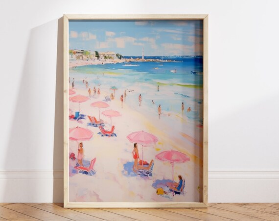 Sunny Beach with Pink Parasols Swimmers Coastal Painting Poster