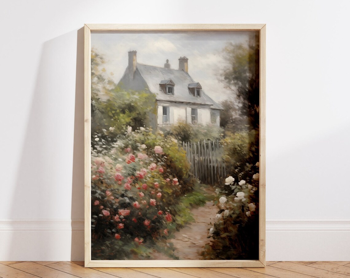 Rose Garden Cottage Painting Blooming Spring Flowers Art Poster