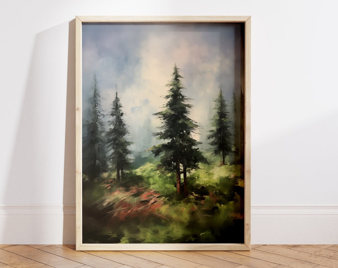 Misty Pine Forest Impressionist Painting Green Nature Art Poster