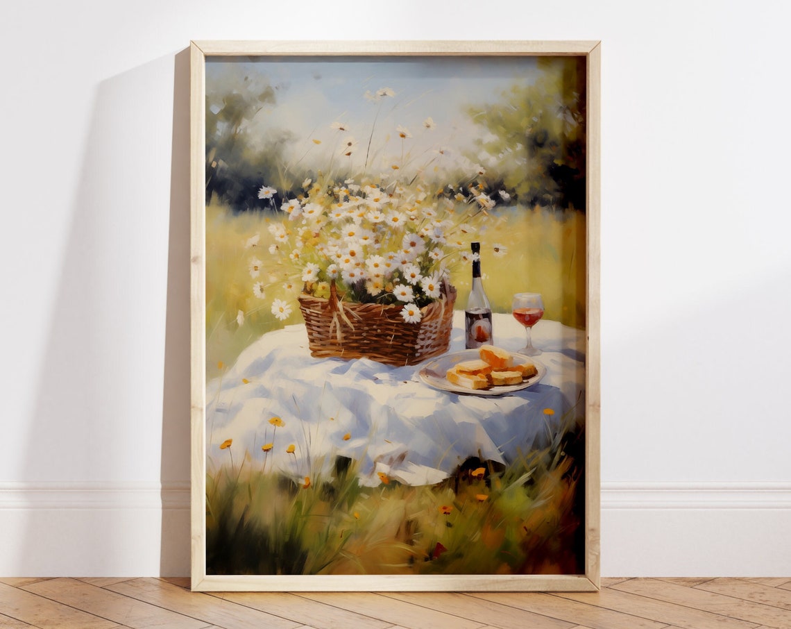 Sunny Daisy Basket Meadow Picnic Impressionist Summer Poster