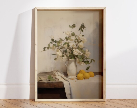 White Flower Vase Lemon Vintage Farmhouse Art Print