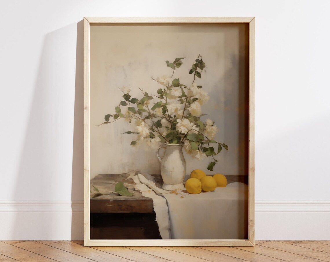 White Flower Vase Lemon Vintage Farmhouse Art Print