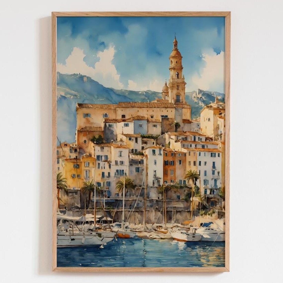French Riviera Watercolor Travel Poster, Menton Basilica