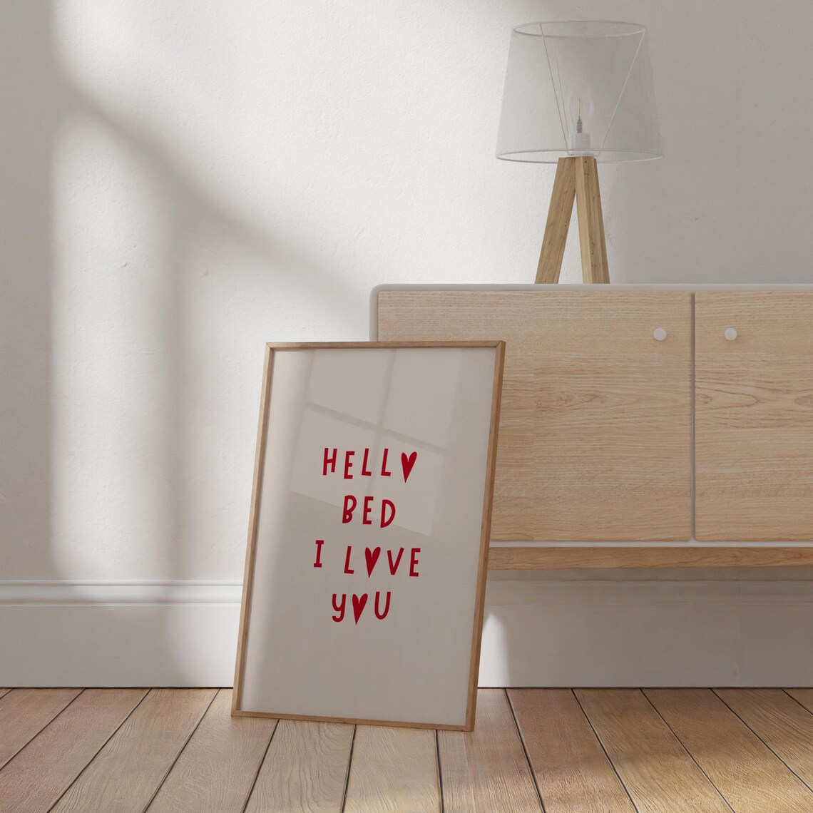 Hello Bed I Love You Red Heart Typography Bedroom Quote Poster - Image 3