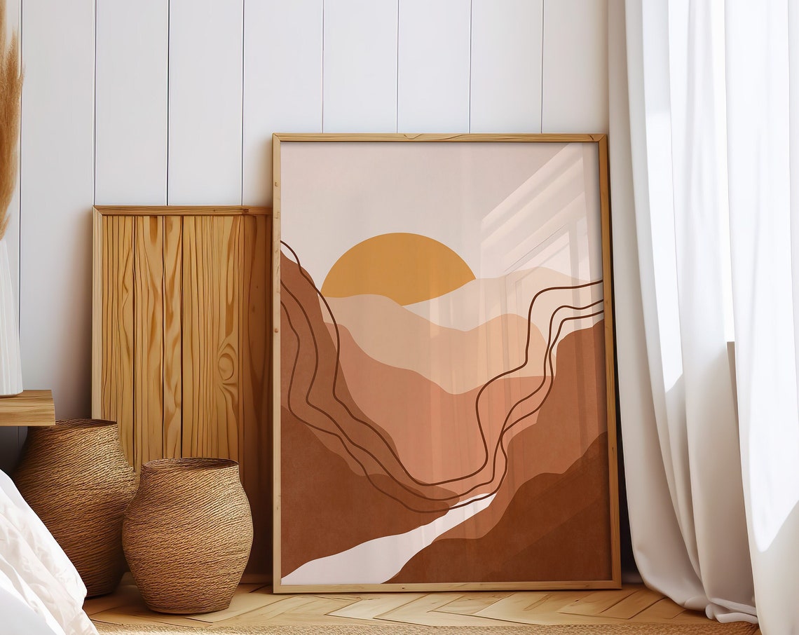 Abstract Mountain Sunrise Illustration Neutral Toned Wall Art Landscape Art Print Terracotta Mountains Wall Art