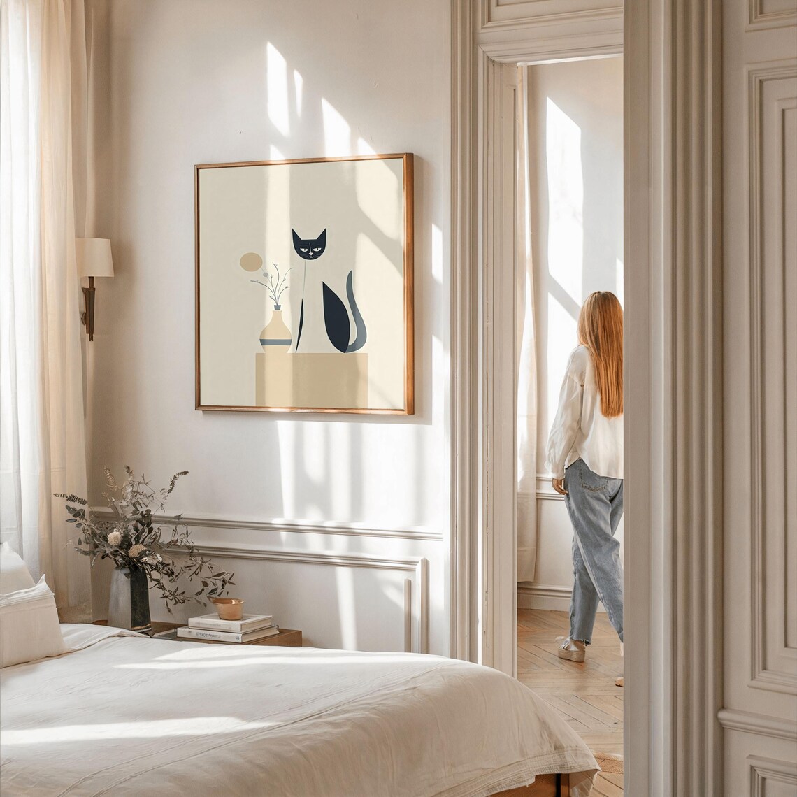 Minimalist Cat Illustration With Vase, Mid-Century - Image 2