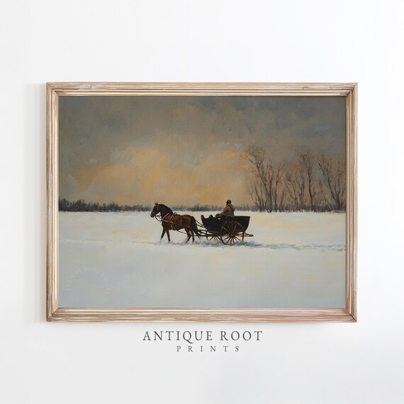 Moody Winter Horse Sleigh Art Print Vintage Scene Wall Rustic Serene Decor Classic Snow Landscape