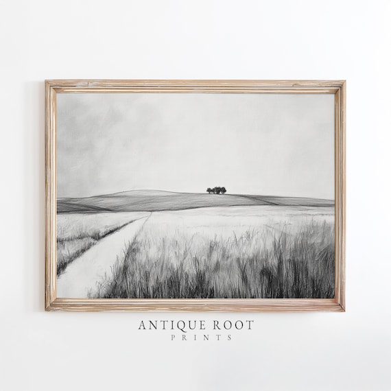 Moody Landscape Art Print With Lone Trees Winter Scene Artwork Rustic Farmhouse Wall Decor Vintage Monochrome