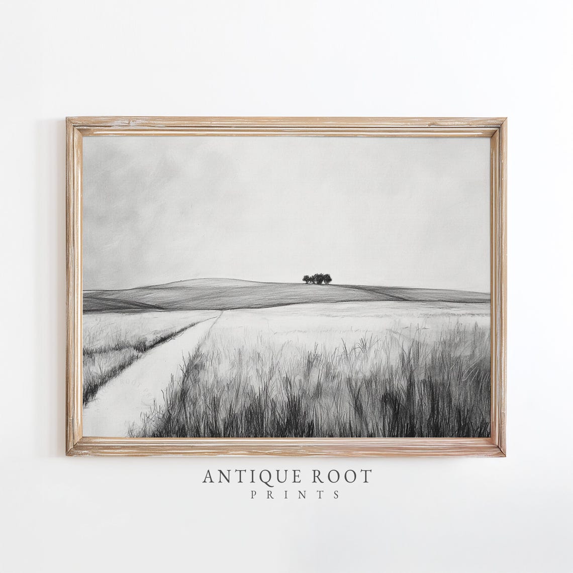 Winter Wheat Field Lone Trees Minimalist Graphite Sketch Art Poster