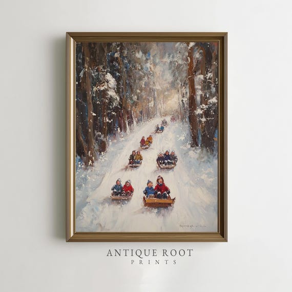 Winter Wall Art Children Sledding In Snowy Forest Vintage Impressionist Cozy Holiday Decor 227