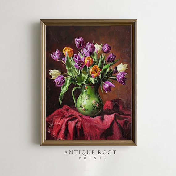 Vintage Spring Floral Bouquet Print Realistic Moody Botanical Painting Farmhouse Living Room Decor Wall Art
