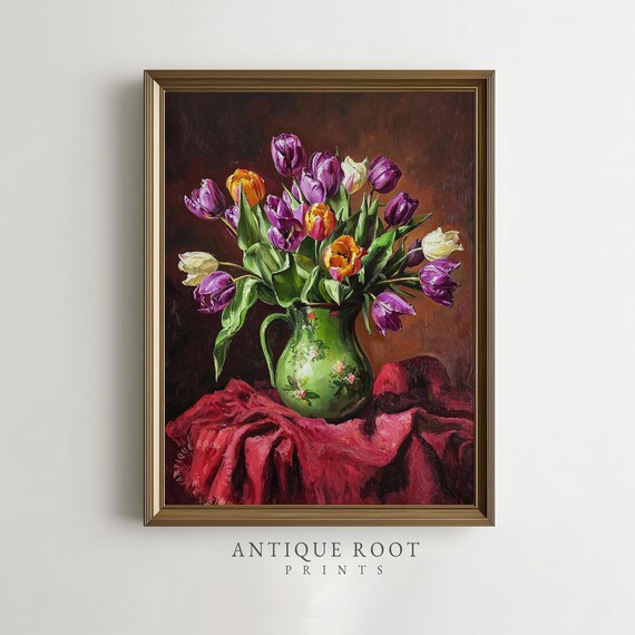 Vintage Tulip Bouquet Oil Painting Moody Floral Still Life Poster