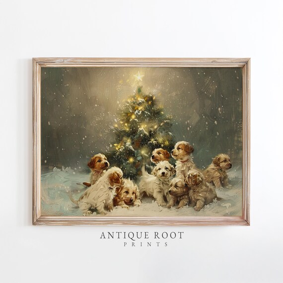 Christmas Puppies Under Tree Snow Vintage Holiday Dog Poster