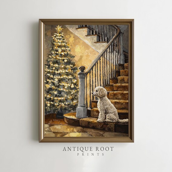 White Dog By Christmas Tree Staircase Cozy Vintage Holiday Puppy Art Print