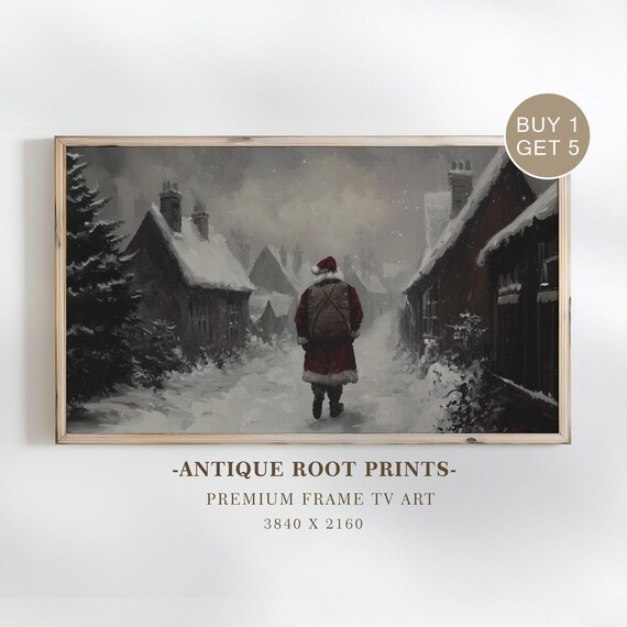Santa Claus Walking Snowy Village Street Vintage Winter Frame TV Poster