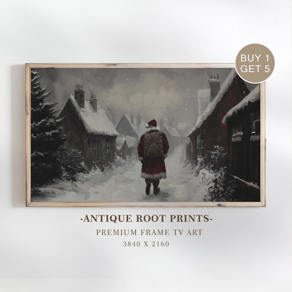 Santa Claus Walking Snowy Village Street Vintage Winter Frame TV Poster