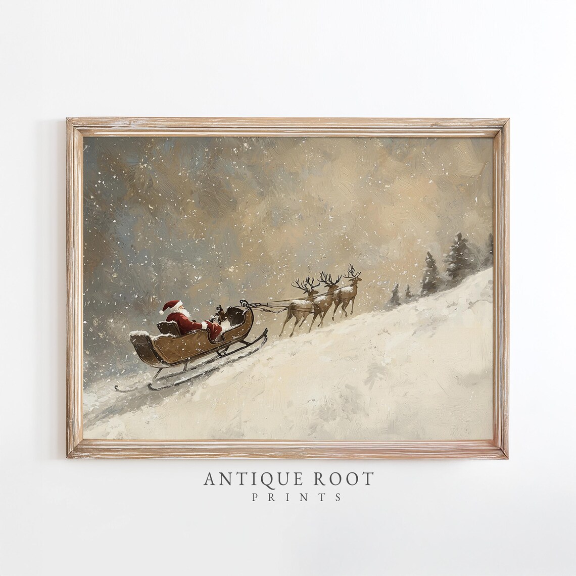 Santa In Sleigh With Reindeer Snowy Winter Landscape Vintage Print
