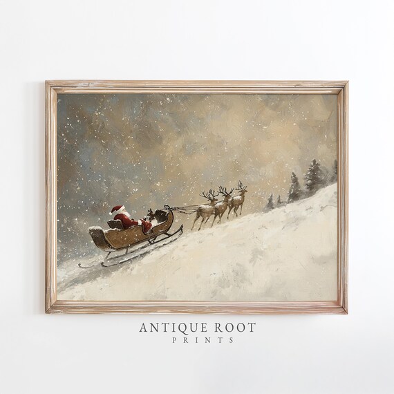 Santa In Sleigh With Reindeer Snowy Winter Landscape Vintage Print