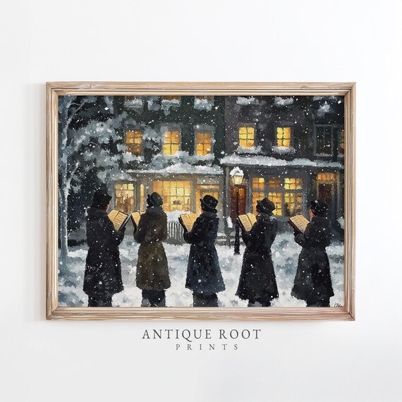 Vintage Christmas Carolers Singing Snowy Night Street Scene Poster