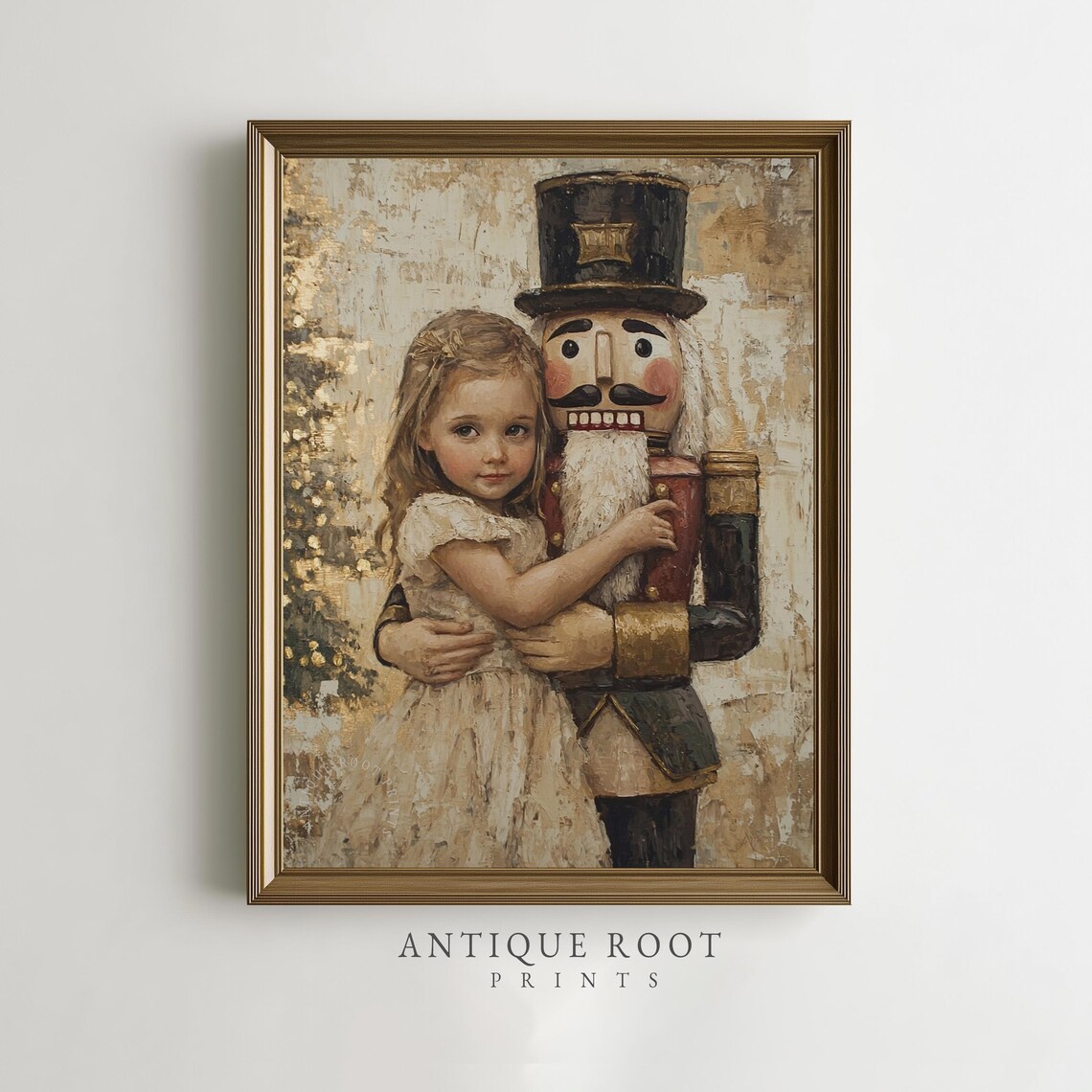 Little Girl Hugging Giant Nutcracker Vintage Christmas Painting Poster