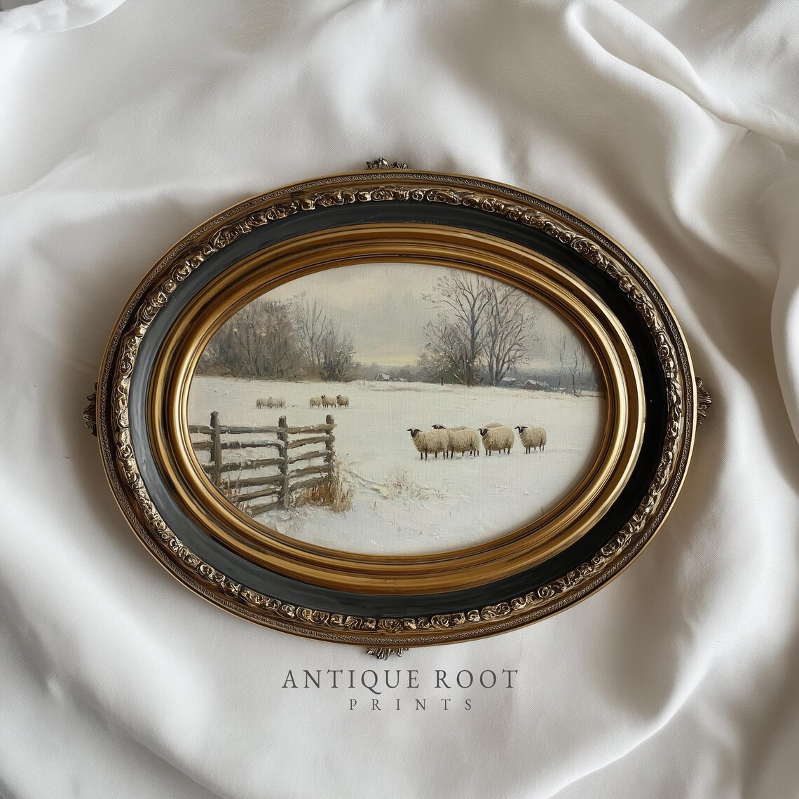 Sheep Snowy Winter Pasture Vintage Farmhouse Painting Poster