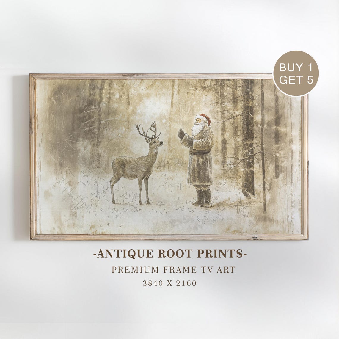 Vintage Santa Claus Reindeer Snowy Forest Christmas Sketch Print
