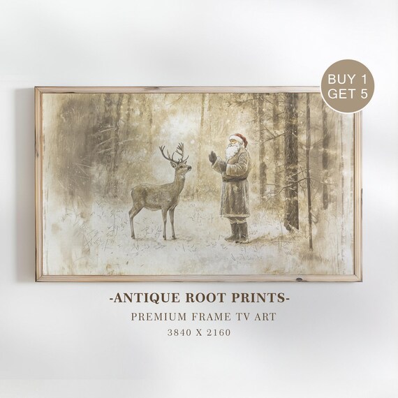 Vintage Santa Claus Reindeer Snowy Forest Christmas Sketch Print