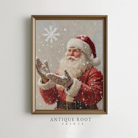 Santa Claus Catching Snowflakes Vintage Christmas Oil Painting Poster