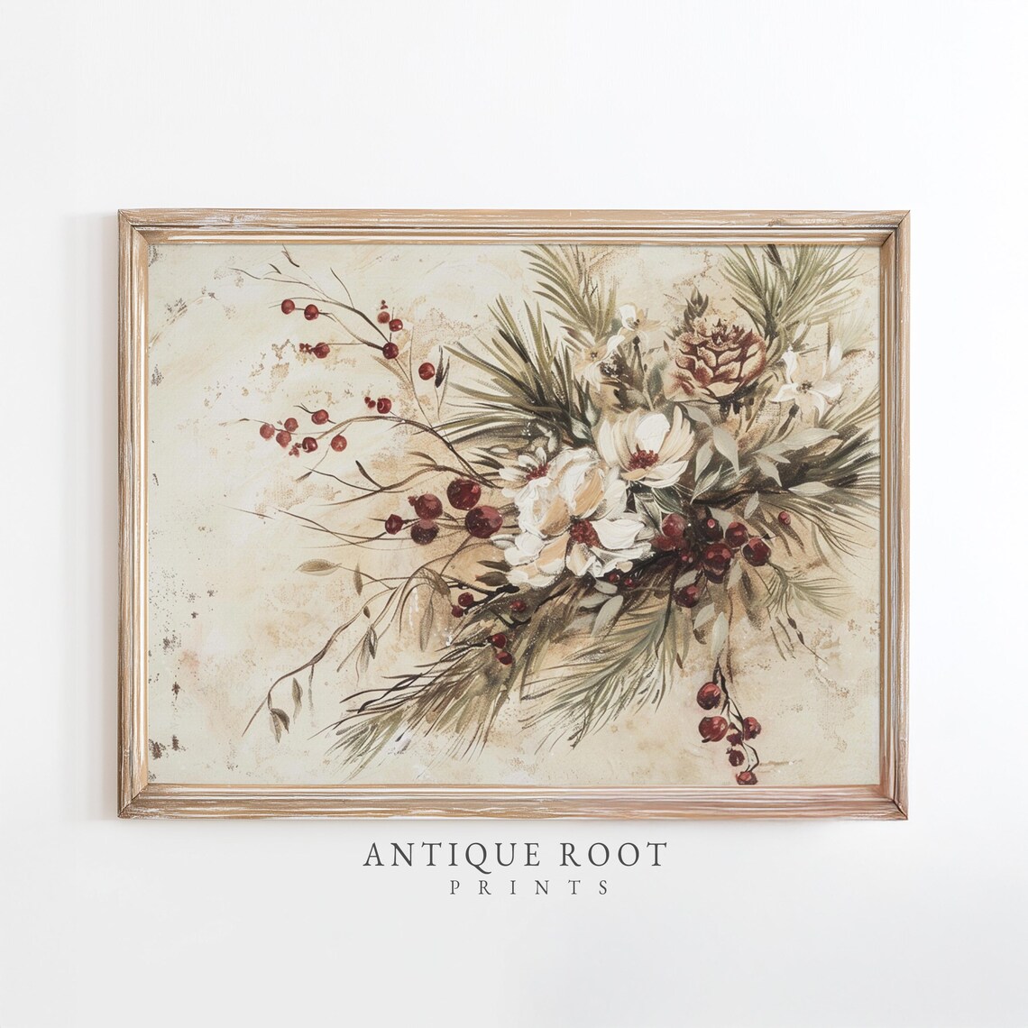 Winter Floral Bouquet Watercolor Red Berries Pine Farmhouse Decor Poster