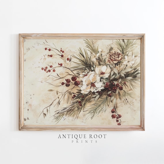 Winter Floral Bouquet Watercolor Red Berries Pine Farmhouse Decor Poster