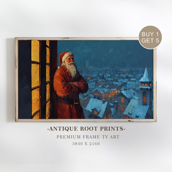 Santa Claus Overlooking Snowy Village Night Classic Holiday Art Poster