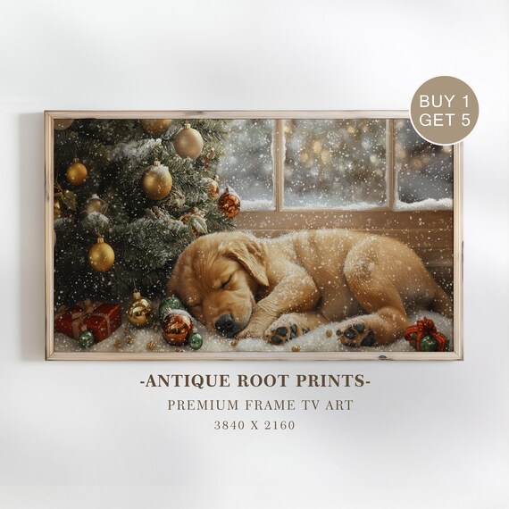 Sleeping Golden Retriever Puppy Christmas Tree Snowy Window Cozy Art Poster