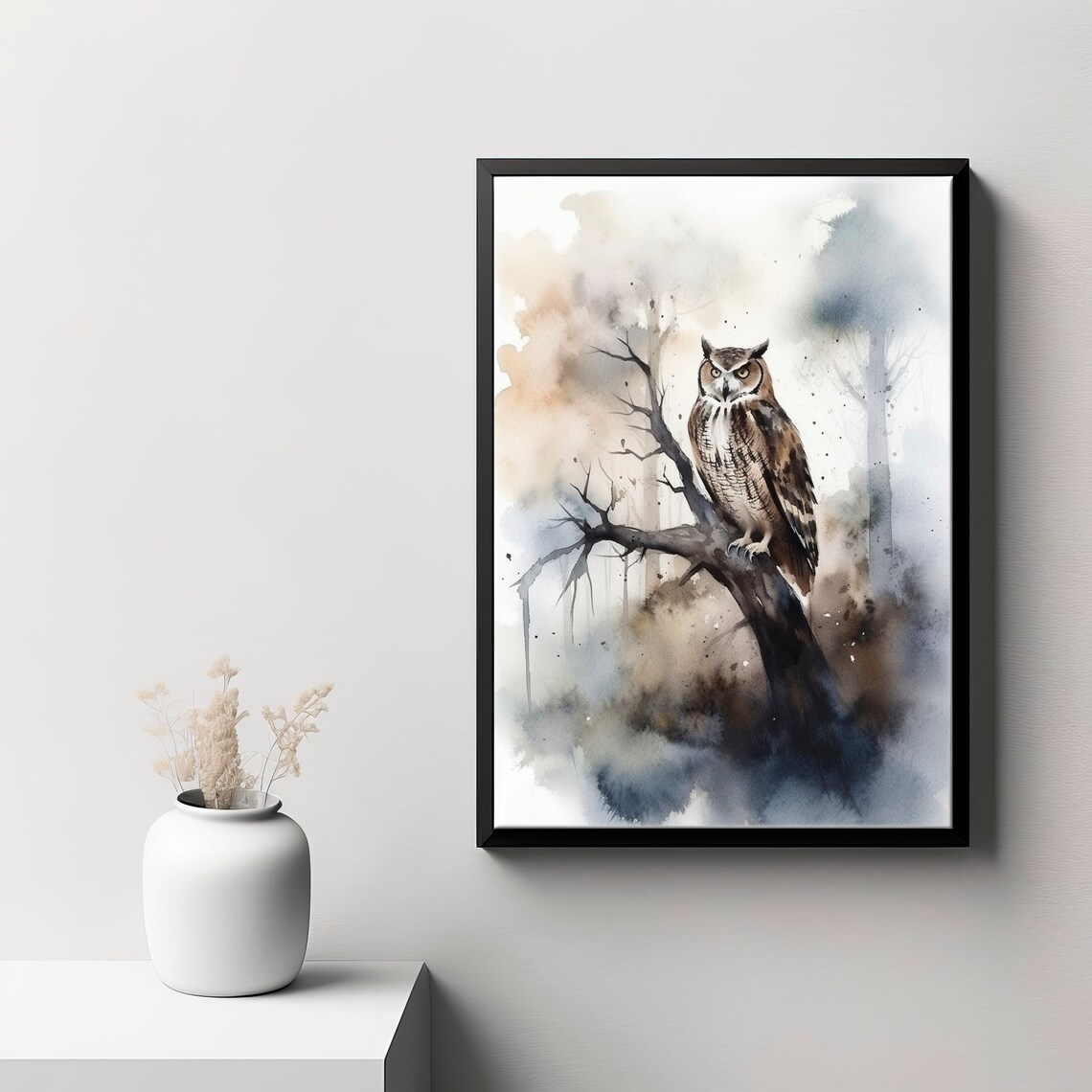 Great Horned Owl on a Branch Misty Watercolor Wildlife Poster - Image 3