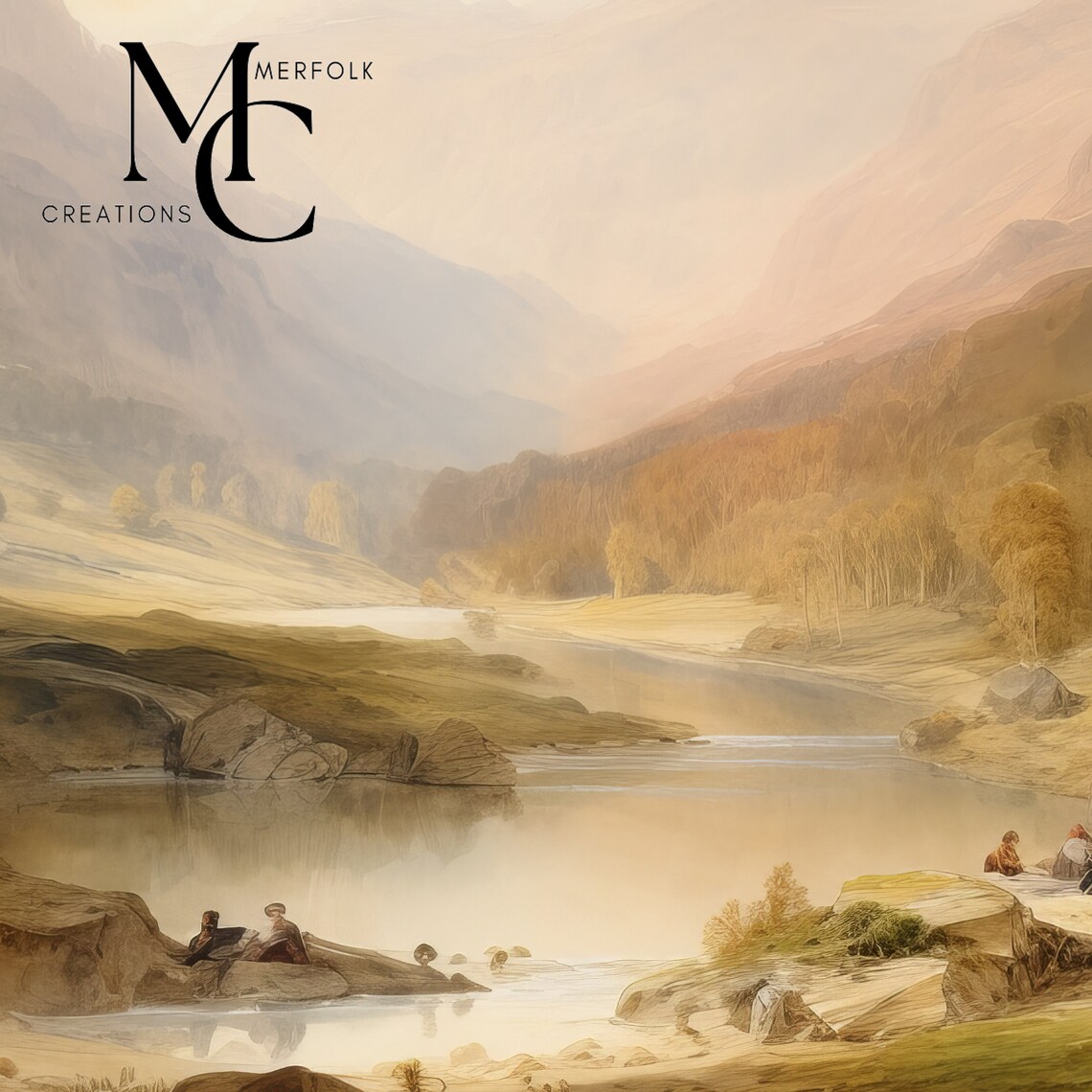 Misty Mountain Valley Lake with Anglers Watercolor Landscape Poster - Image 2