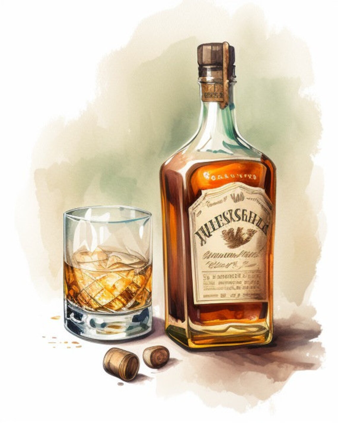 Whiskey Bottle and Crystal Glass Watercolor Bar Cart Wall Poster - Image 2
